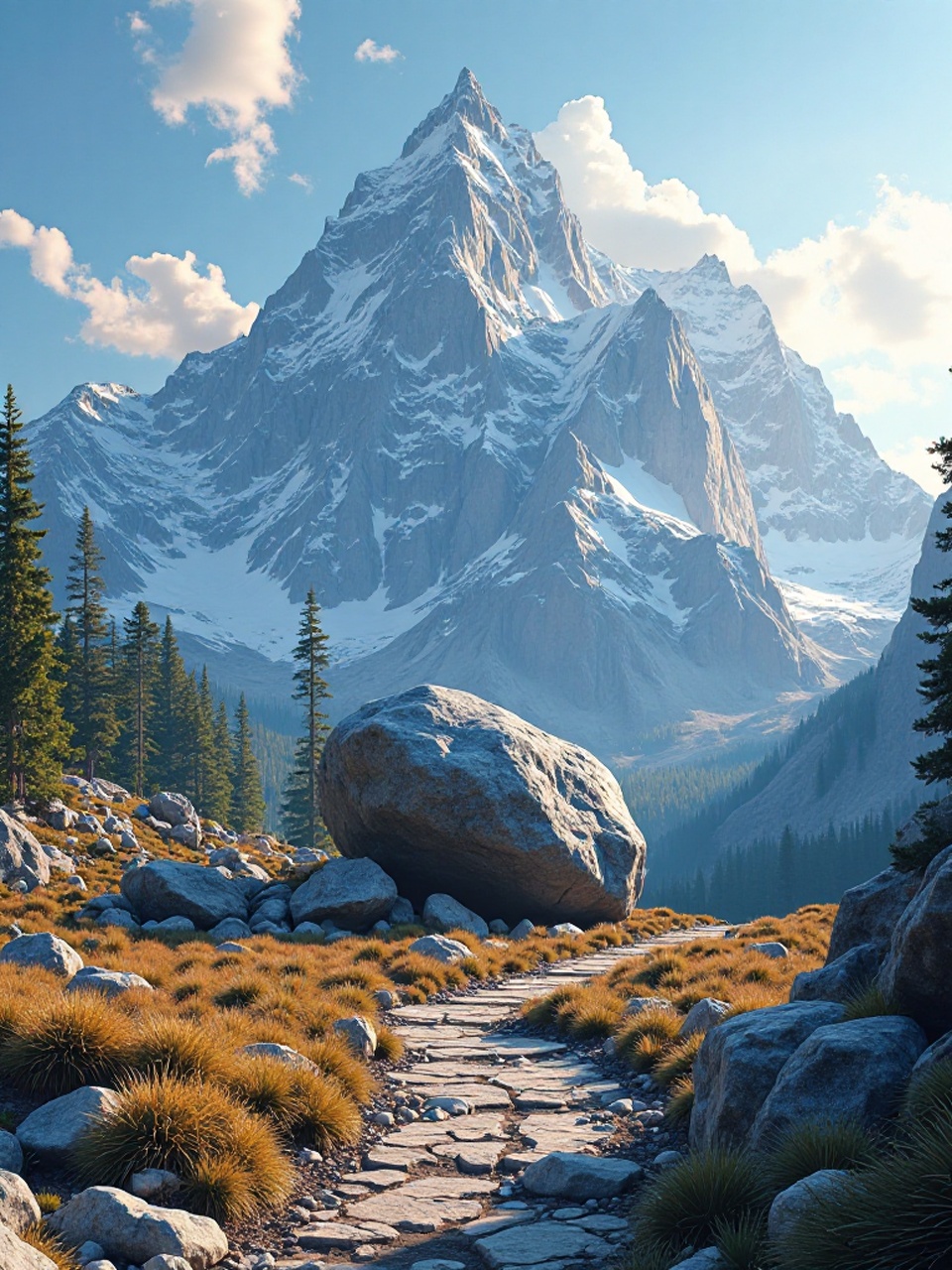 Eine majestätische Berglandschaft mit einem riesigen Felsbrocken am Fuße des Berges und einem klaren Pfad.