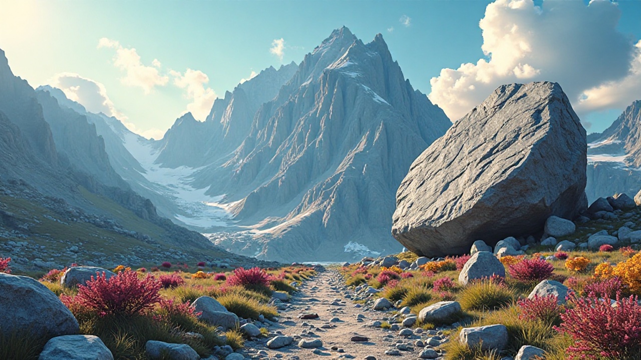 Eine majestätische Berglandschaft mit einem riesigen Felsbrocken am Fuße des Berges und einem klaren Pfad.