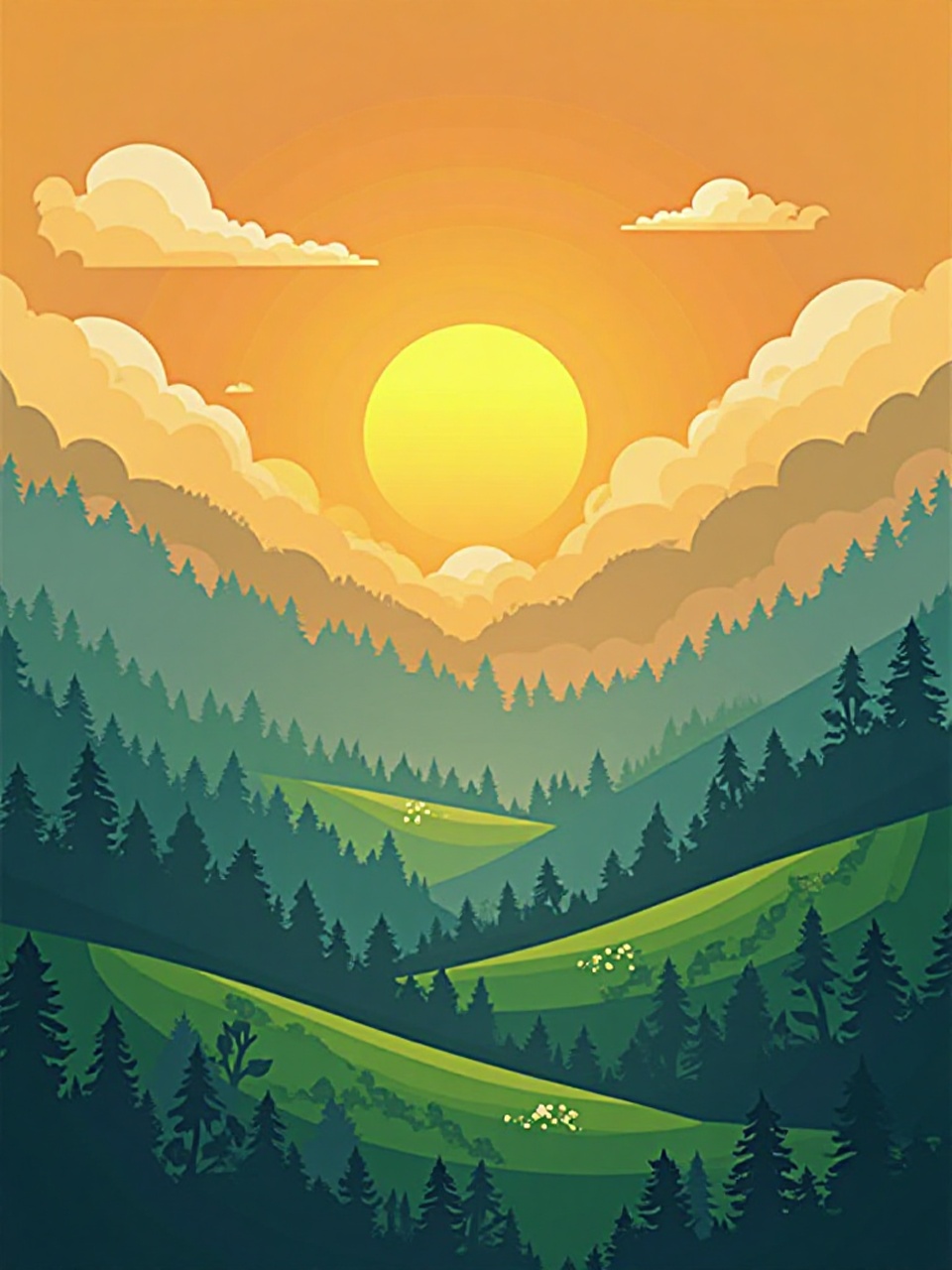 Einladender Sonnenaufgang über einem grünen, nebelverhangenen Tal.