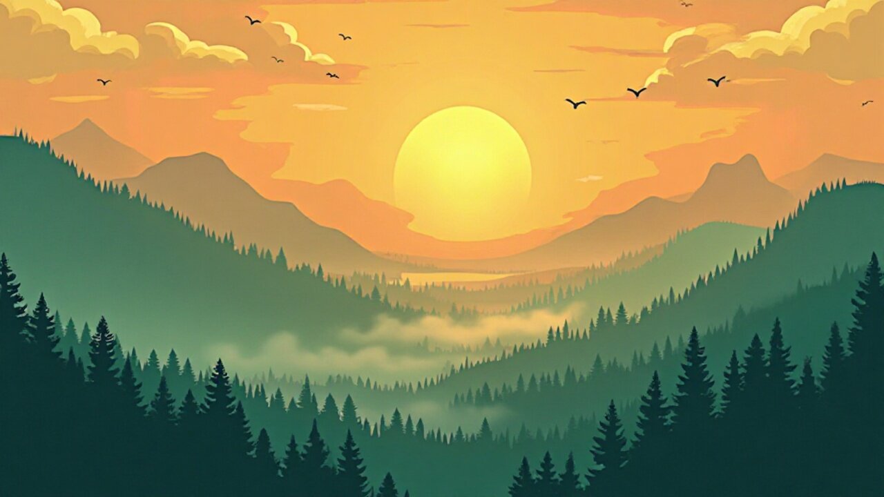 Einladender Sonnenaufgang über einem grünen, nebelverhangenen Tal.