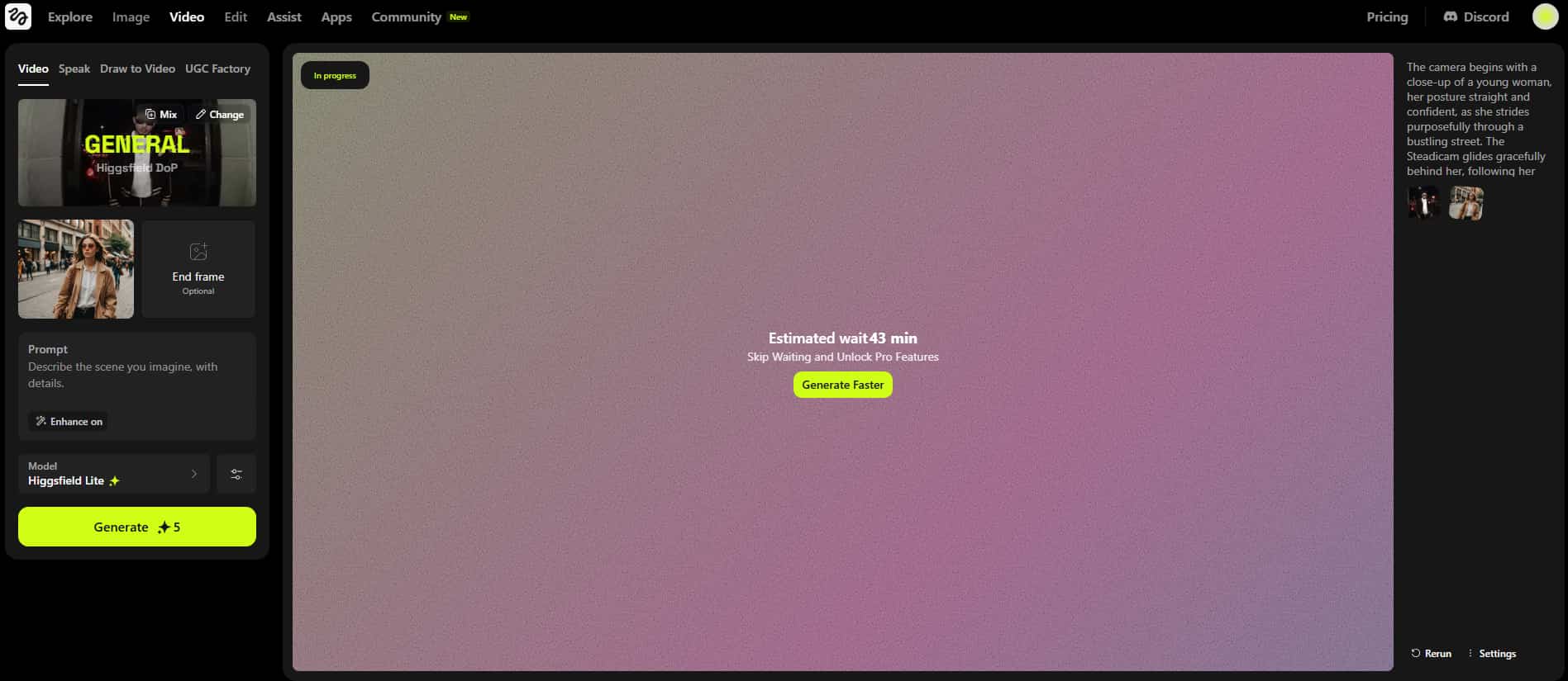 Tiempo de espera para generar un video con Higgsfield IA