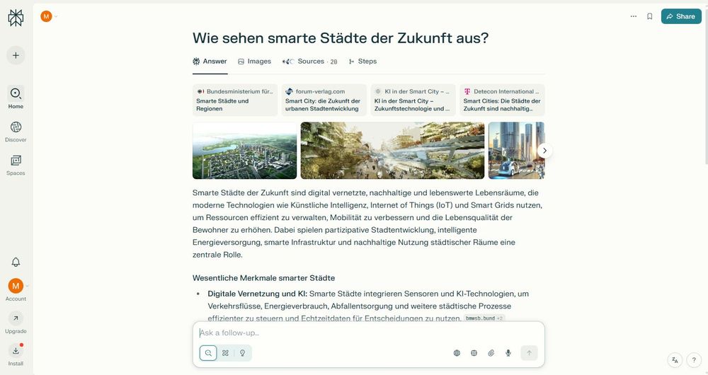 Suchergebnisse in Perplexity zum Thema Smarte Städte der Zukunft