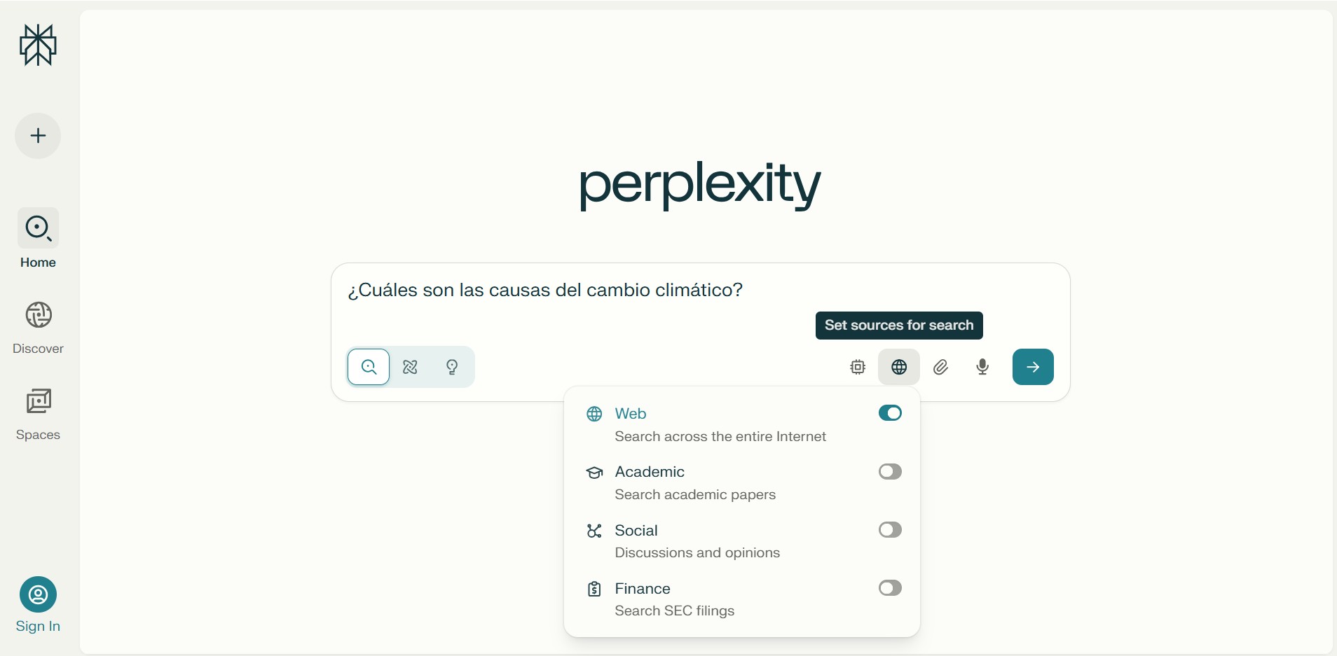 Interfaz para iniciar una conversacion en Perplexity AI