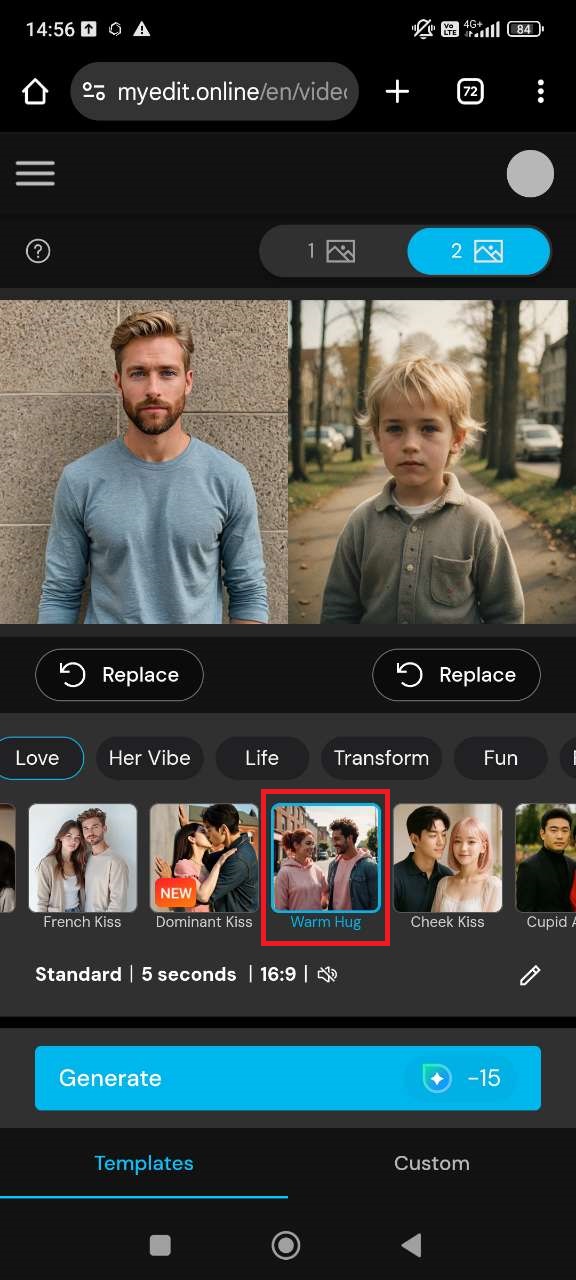 Selecting Hugging animation template in MyEdit
