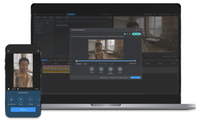 Mobile and desktop mockup showing PowerDirector editing interface with enhancement tools