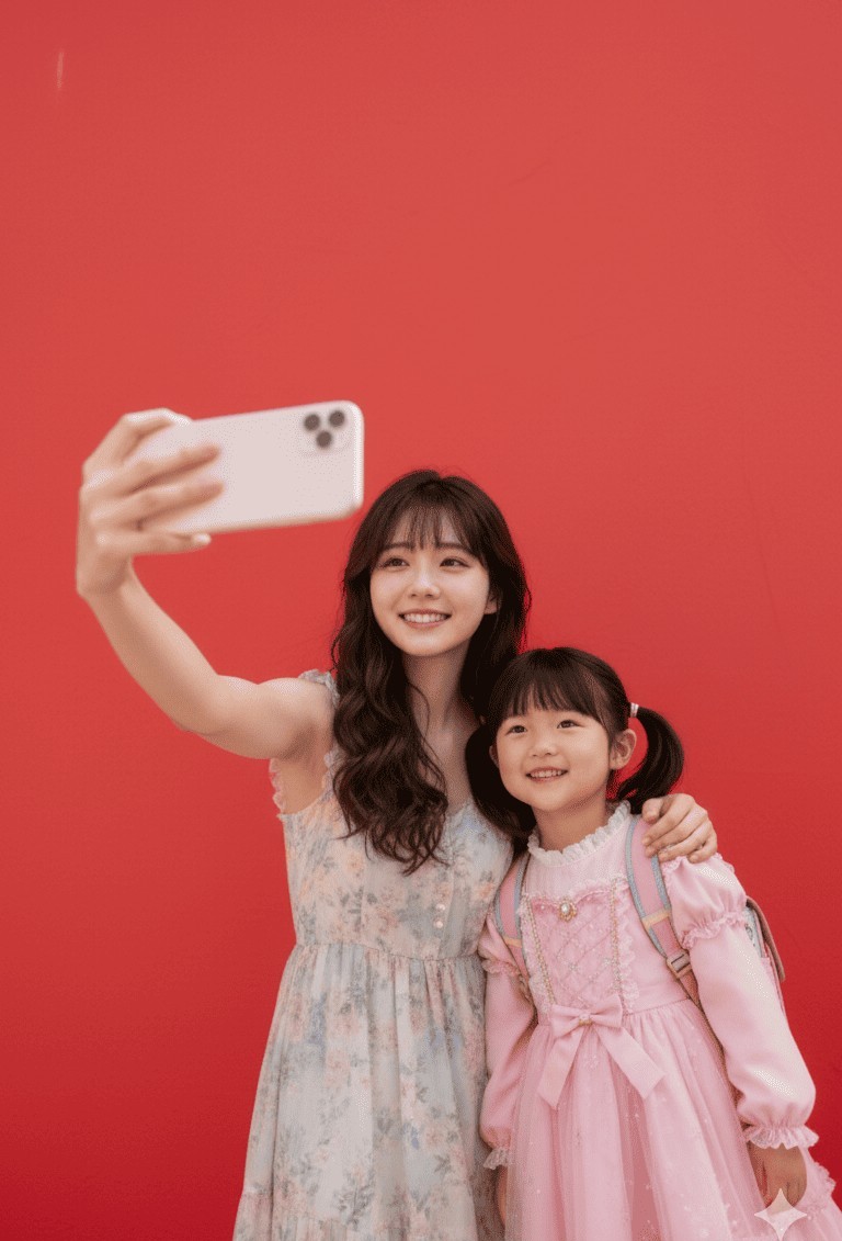 AI 小時候合照:紅背景自拍