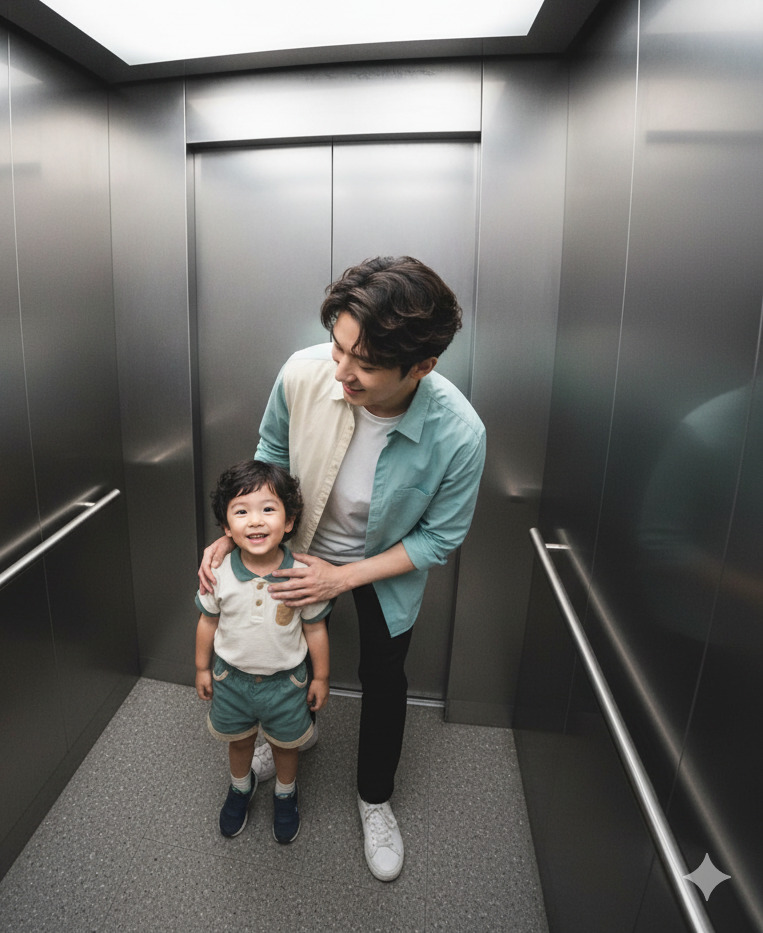 AI 小時候合照:電梯仰拍合照