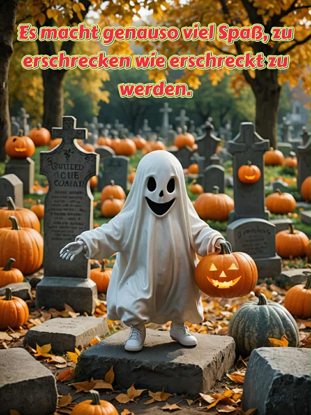 Halloween-Bild mit Spruch: 'Es macht genauso viel Spaß, zu erschrecken wie erschreckt zu werden.'
