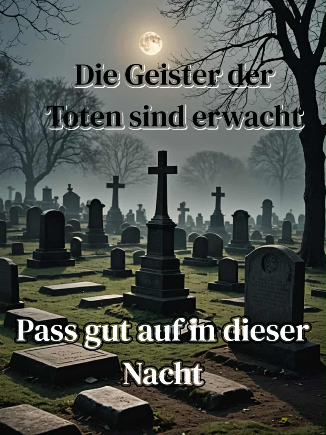 Halloween-Bild mit Spruch: 'Die Geister der Toten sind erwacht, pass gut auf in dieser Nacht.'