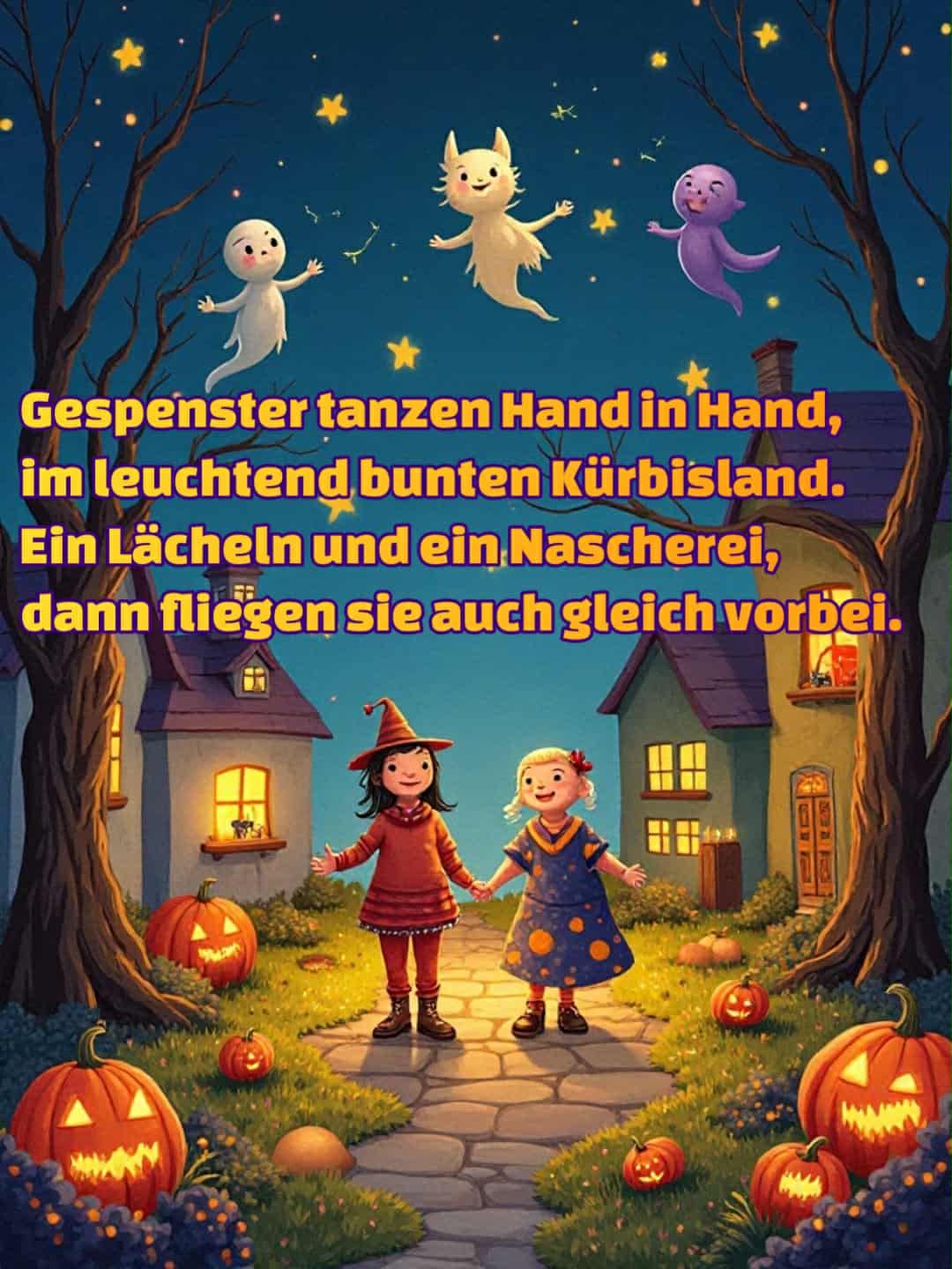 Halloween-Bild mit Spruch: 'Gespenster tanzen Hand in Hand, im leuchtend bunten Kürbisland. Ein Lächeln und ein Nascherei, dann fliegen sie auch gleich vorbei.'