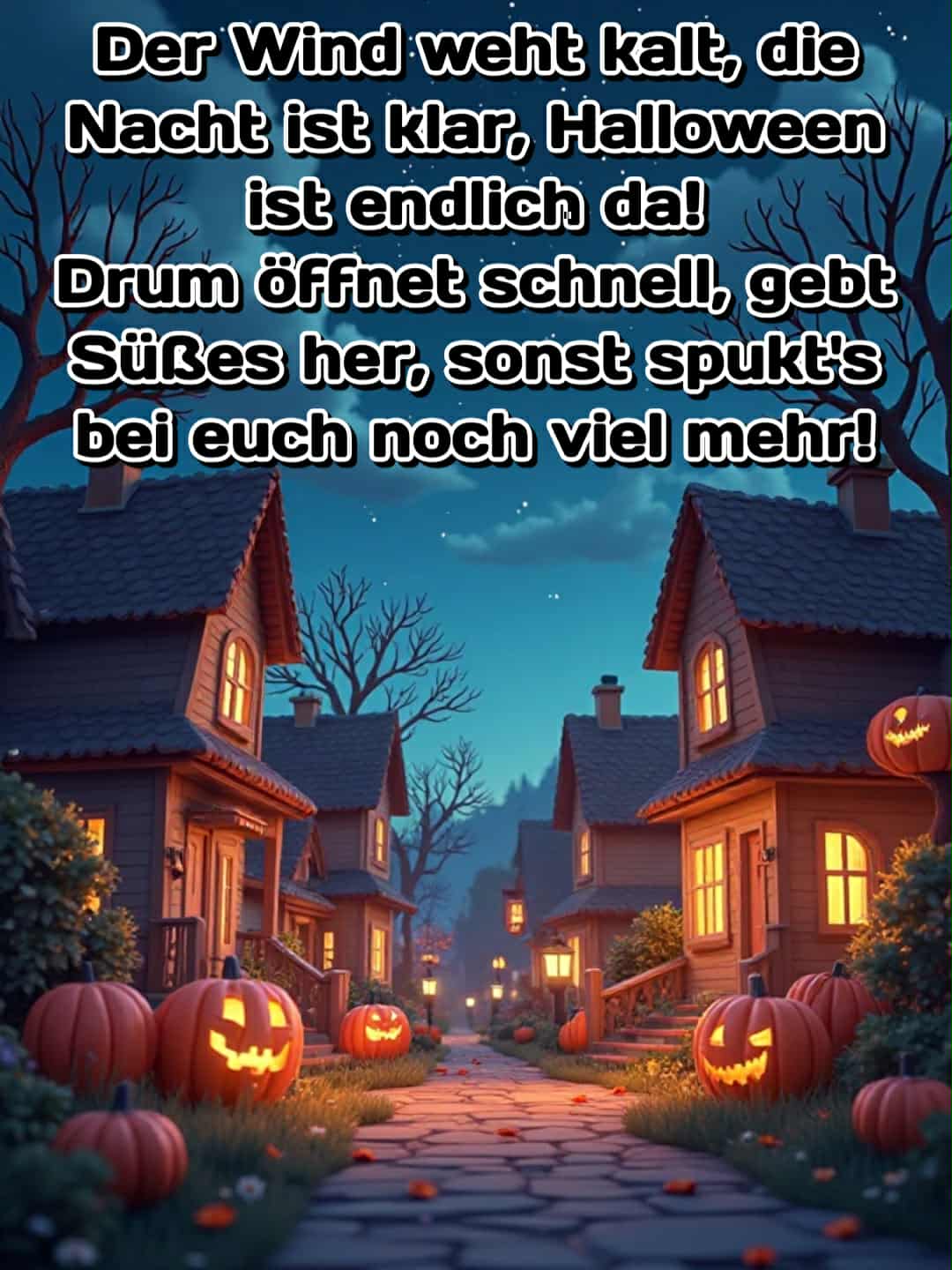 Halloween-Bild mit Spruch: 'Der Wind weht kalt, die Nacht ist klar, Halloween ist endlich da! Drum öffnet schnell, gebt Süßes her, sonst spukt's bei euch noch viel mehr!'