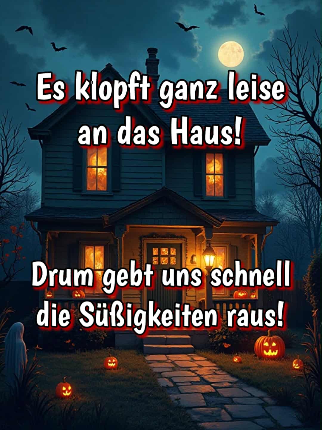 Halloween-Bild mit Spruch: 'Es klopft ganz leise an das Haus! Drum gebt uns schnell die Süßigkeiten raus!'