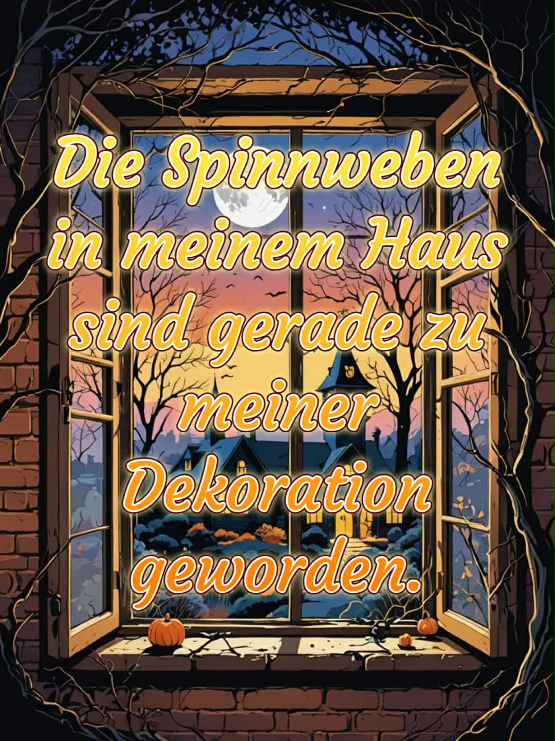 Halloween-Bild mit Spruch: 'Die Spinnweben in meinem Haus sind gerade zu meiner Dekoration geworden.'