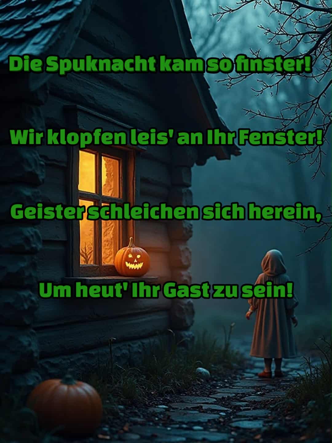 Halloween-Bild mit Spruch: 'Die Spuknacht kam so finster! Wir klopfen leis' an Ihr Fenster! Geister schleichen sich herein, um heut' Ihr Gast zu sein!'