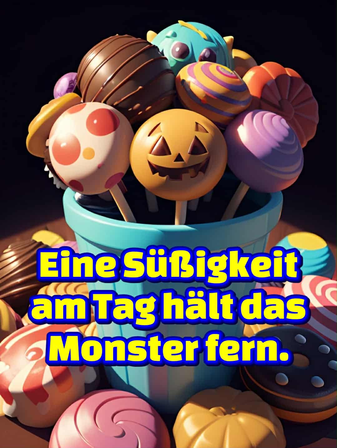 Halloween-Bild mit Spruch: 'Eine Süßigkeit am Tag hält das Monster fern.'