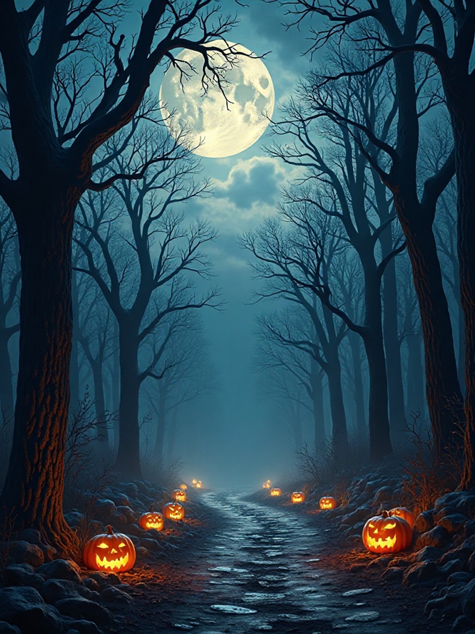 Dunkler Waldweg bei klarer Nacht, großem Vollmond und leuchtenden Kürbissen