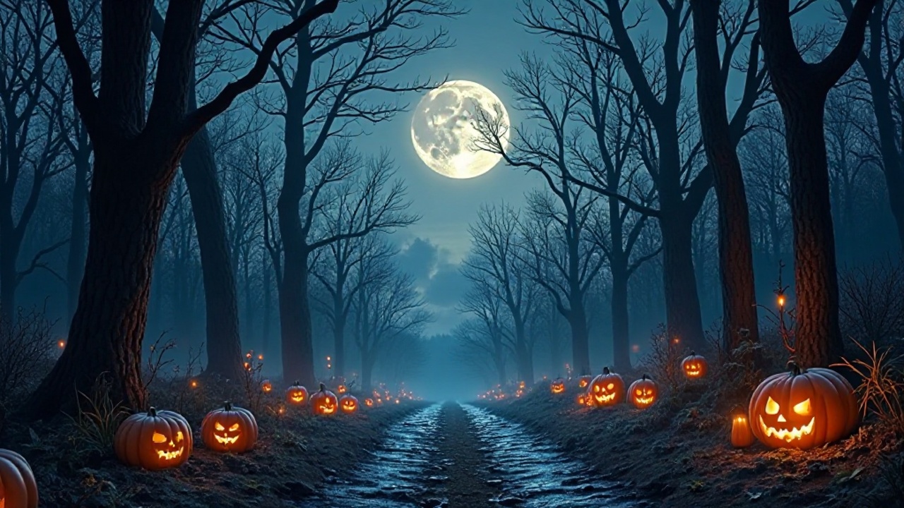 Dunkler Waldweg bei klarer Nacht, großem Vollmond und leuchtenden Kürbissen