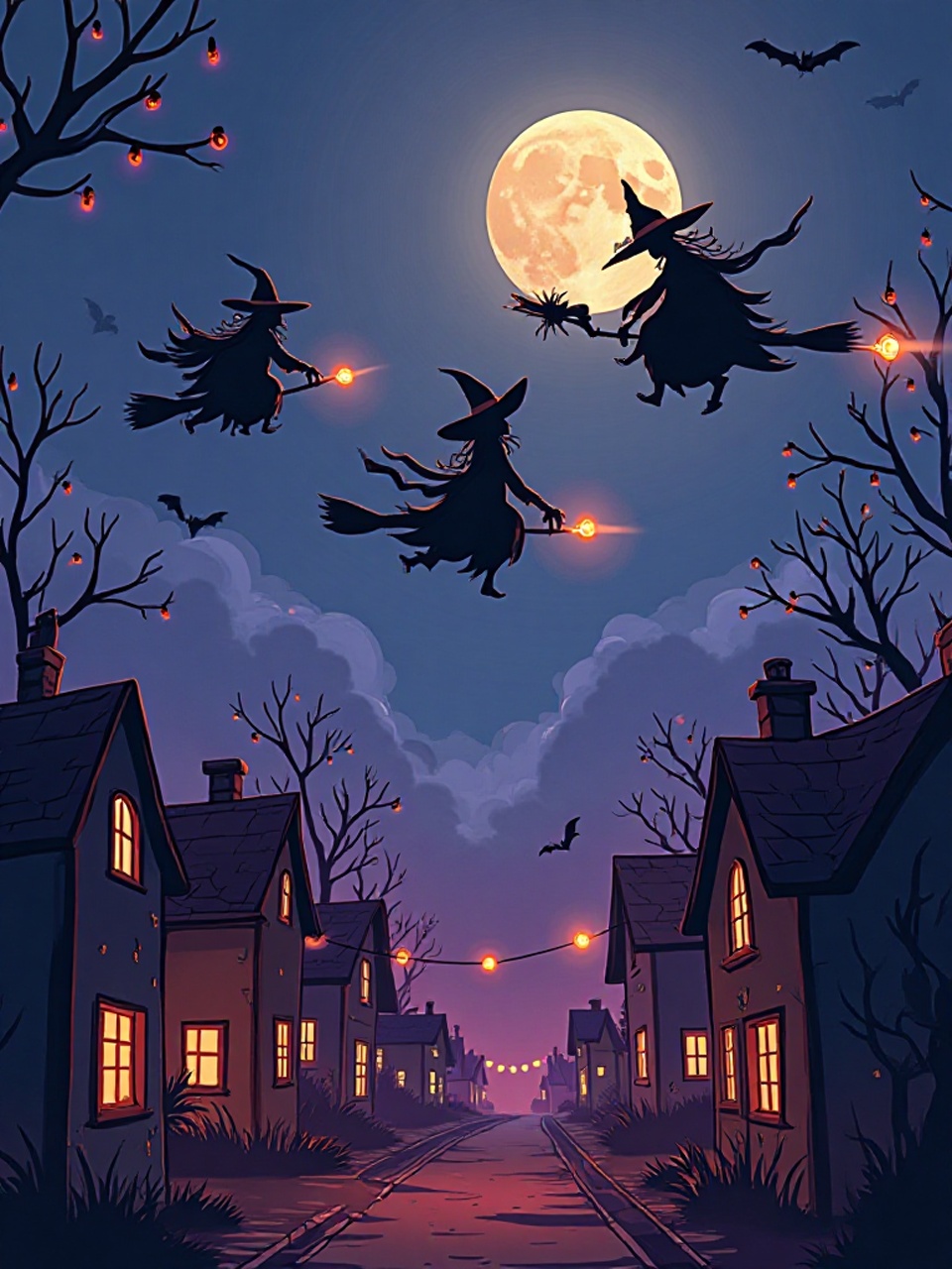 Hexen auf Besen fliegen über eine Stadt bei Nacht mit leuchtenden Halloween-Dekorationen