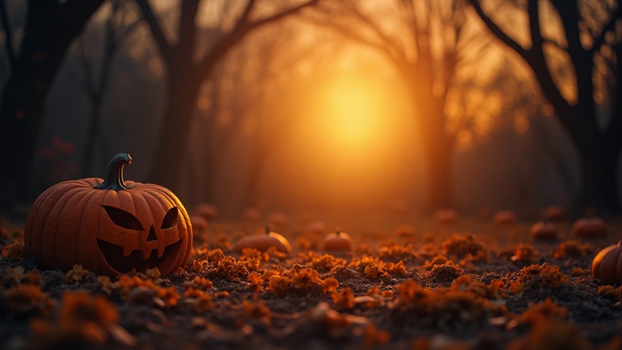 Dunkle, neblige Halloween-Szene mit leuchtenden Kürbissen und Grabsteinen