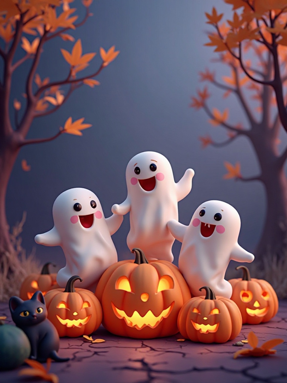 Eine verspielte und leicht skurrile Halloween-Szene mit Geistern, Kürbissen und einer schwarzen Katze