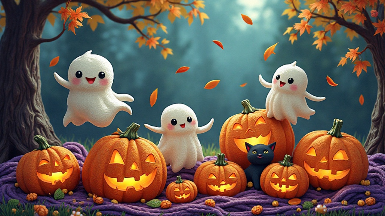 Eine verspielte und leicht skurrile Halloween-Szene mit Geistern, Kürbissen und einer schwarzen Katze