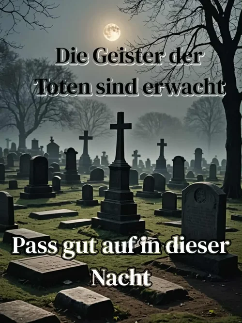 Halloween-Bild mit Spruch: 'Die Geister der Toten sind erwacht, pass gut auf in dieser Nacht.'
