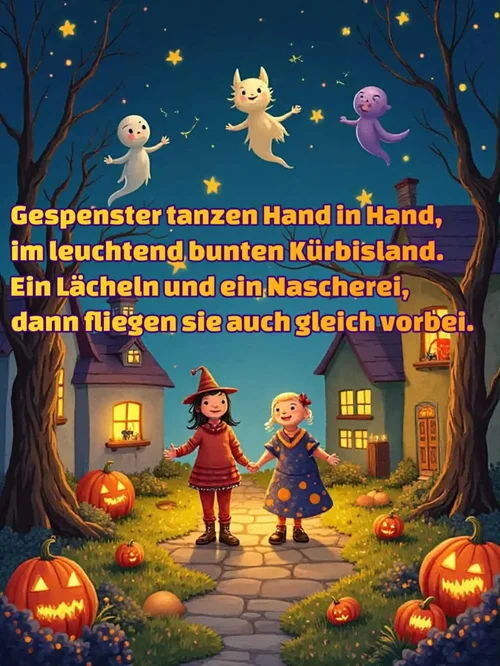Halloween-Bild mit Spruch: 'Gespenster tanzen Hand in Hand, im leuchtend bunten Kürbisland. Ein Lächeln und ein Nascherei, dann fliegen sie auch gleich vorbei.'