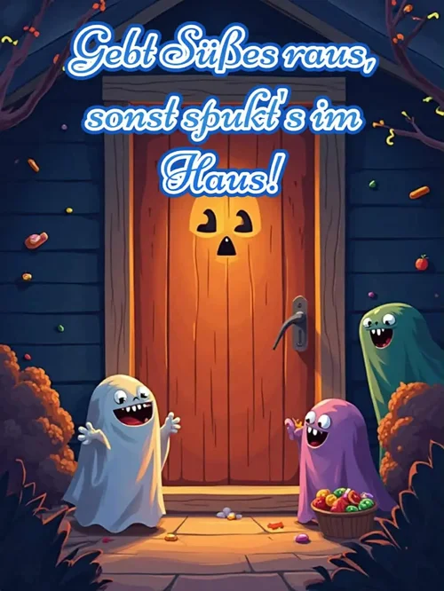 Halloween-Bild mit Spruch: 'Gebt Süßes raus, sonst spukt's im Haus!'