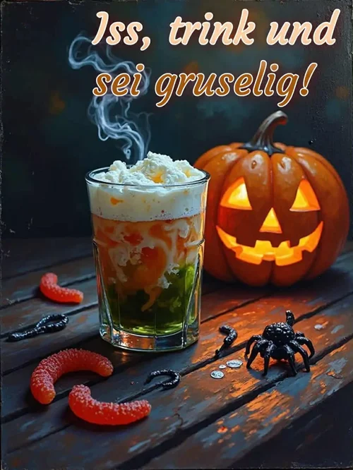 Halloween-Bild mit Spruch: 'Iss, trink und sei gruselig!'