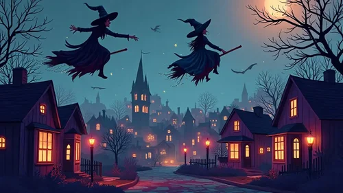 Hexen auf Besen fliegen über eine Stadt bei Nacht mit leuchtenden Halloween-Dekorationen