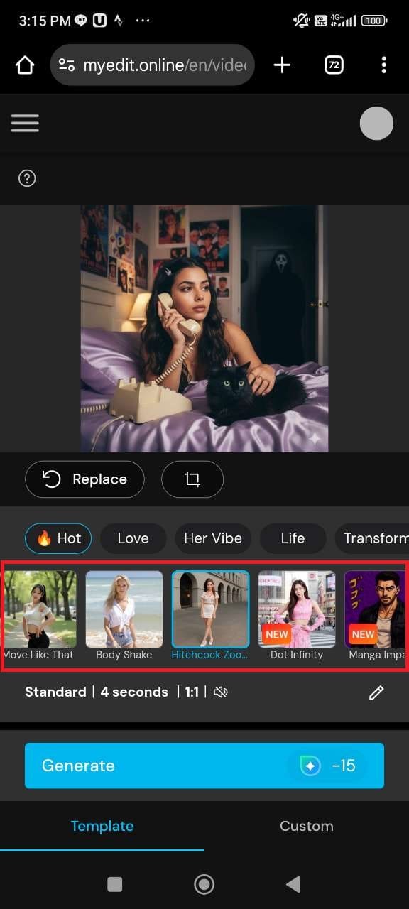 Select a MyEdit animation template or enter custom prompt
