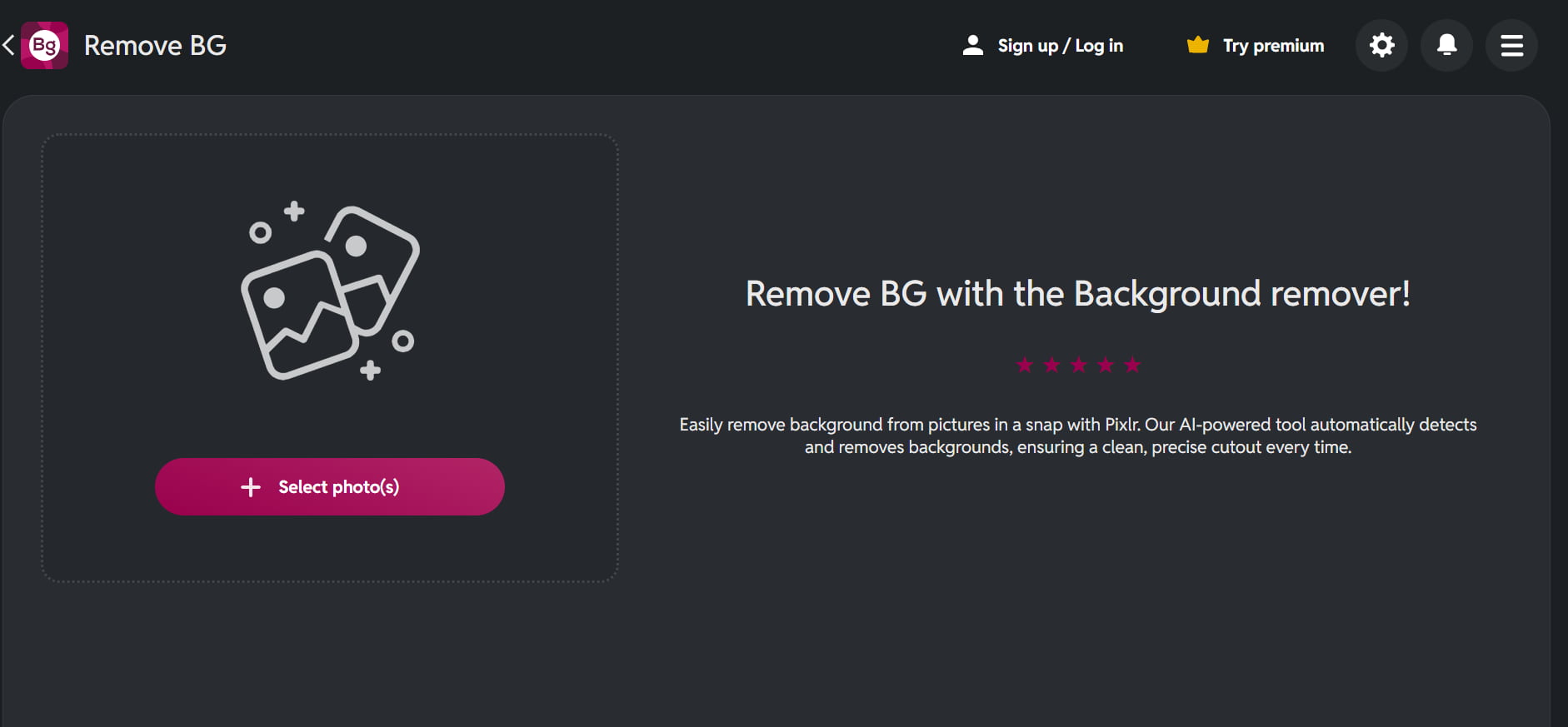 Interfaz de la herramienta online Pixlr Remove BG