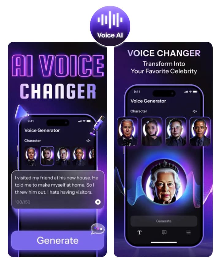 보이스 체인저 앱의 음성 생성 UI 및 다양한 캐릭터 보이스