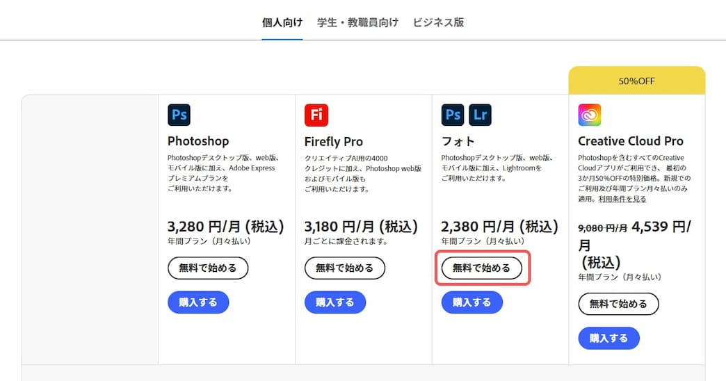 adobe_photoプラン比較表
