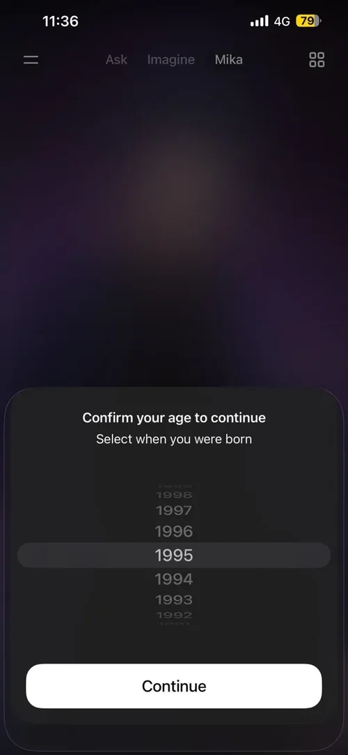 Écran de saisie de l’année de naissance dans Grok