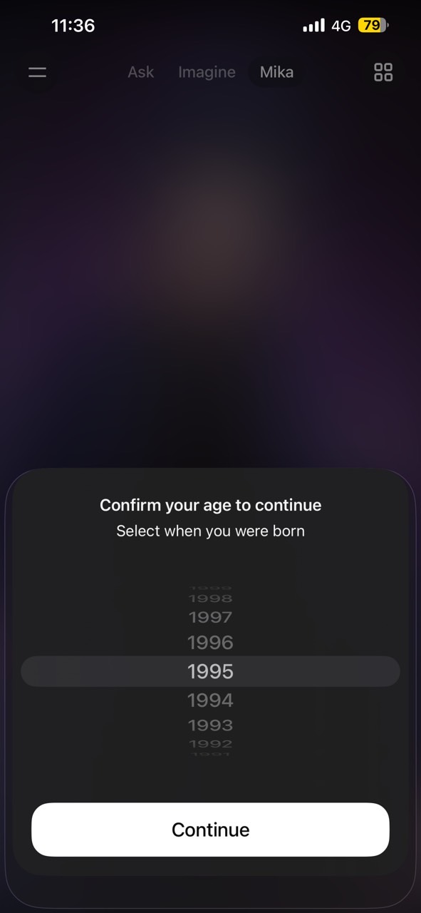 Écran de saisie de l’année de naissance dans Grok