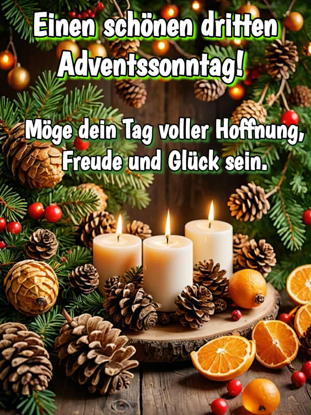 Advent-Bild mit Gruß: 'Einen schönen dritten Adventssonntag! Möge dein Tag voller Hoffnung, Freude und Glück sein.'