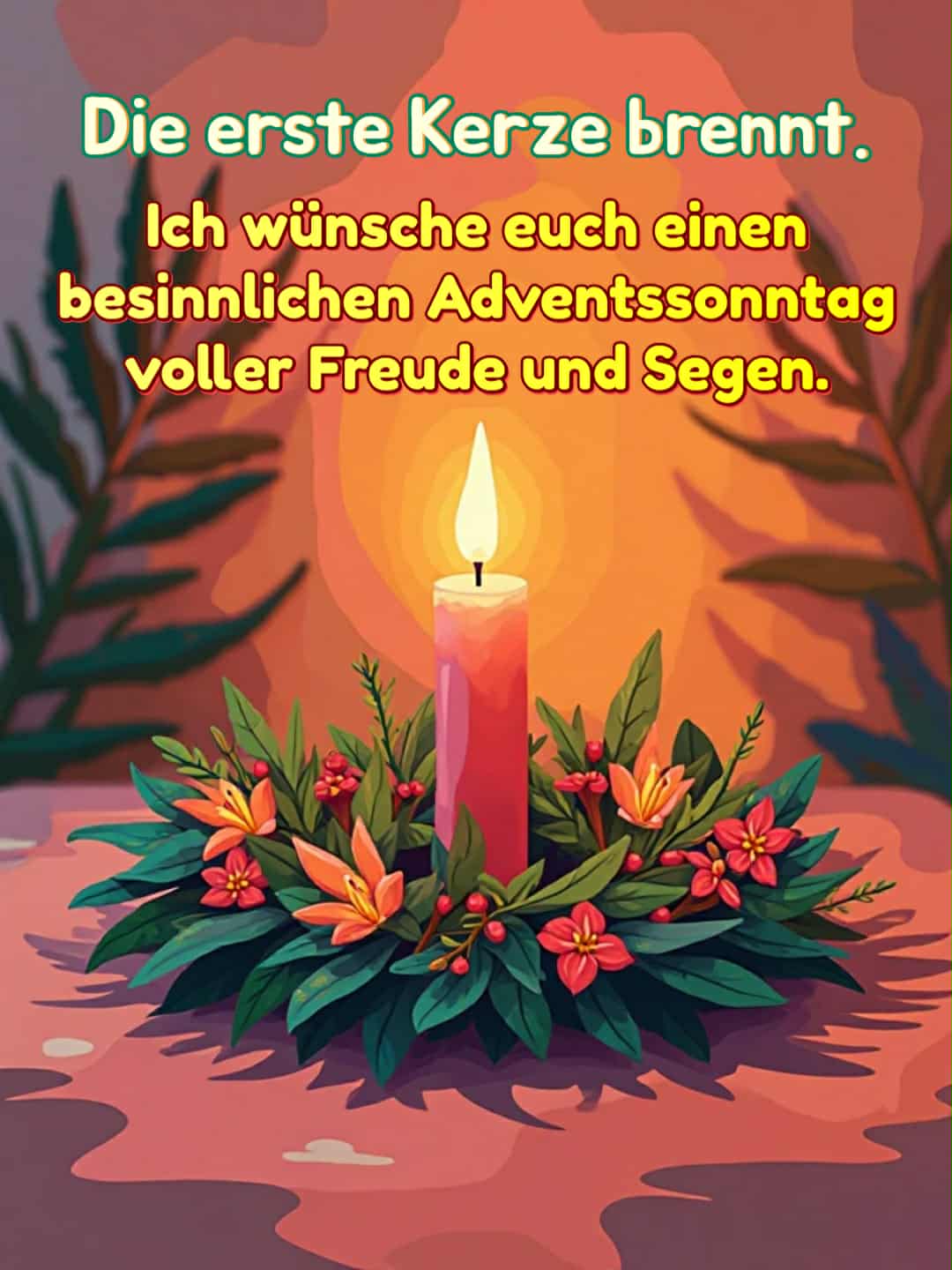 Advent-Bild mit Gruß: 'Die erste Kerze brennt. Ich wünsche euch einen besinnlichen Adventssonntag voller Freude und Segen.'