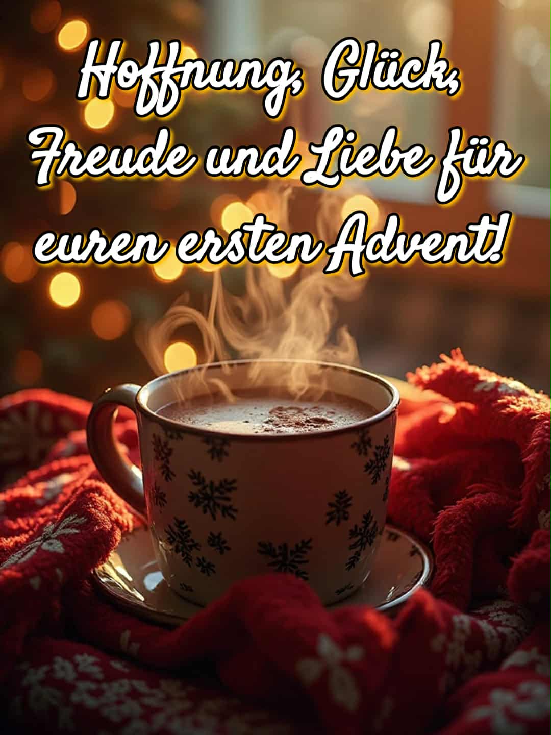 Advent-Bild mit Gruß: 'Hoffnung, Glück, Freude und Liebe für euren ersten Advent!'
