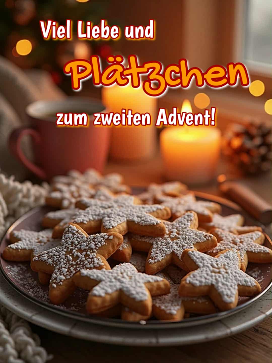 Advent-Bild mit Gruß: 'Viel Liebe und Plätzchen zum zweiten Advent!'