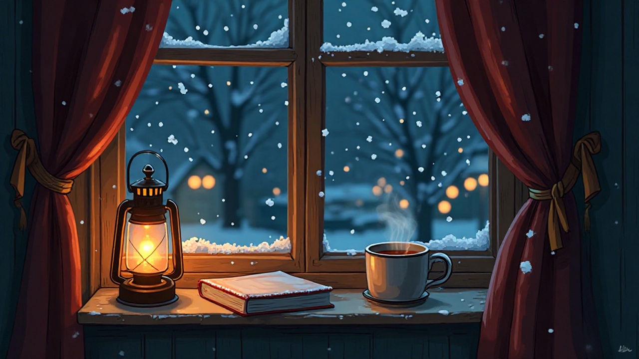 Eine gemütliche, schwach beleuchtete Fensterszene an einem kalten Winterabend