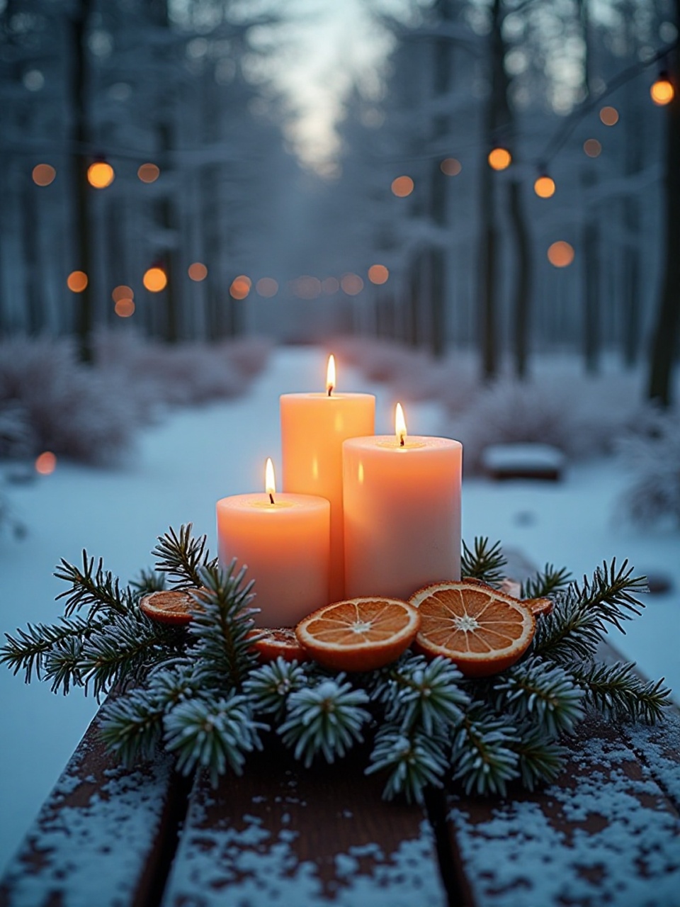 Schneebedeckte Holzbank mit flackernden Kerzen in einem Adventskranz
