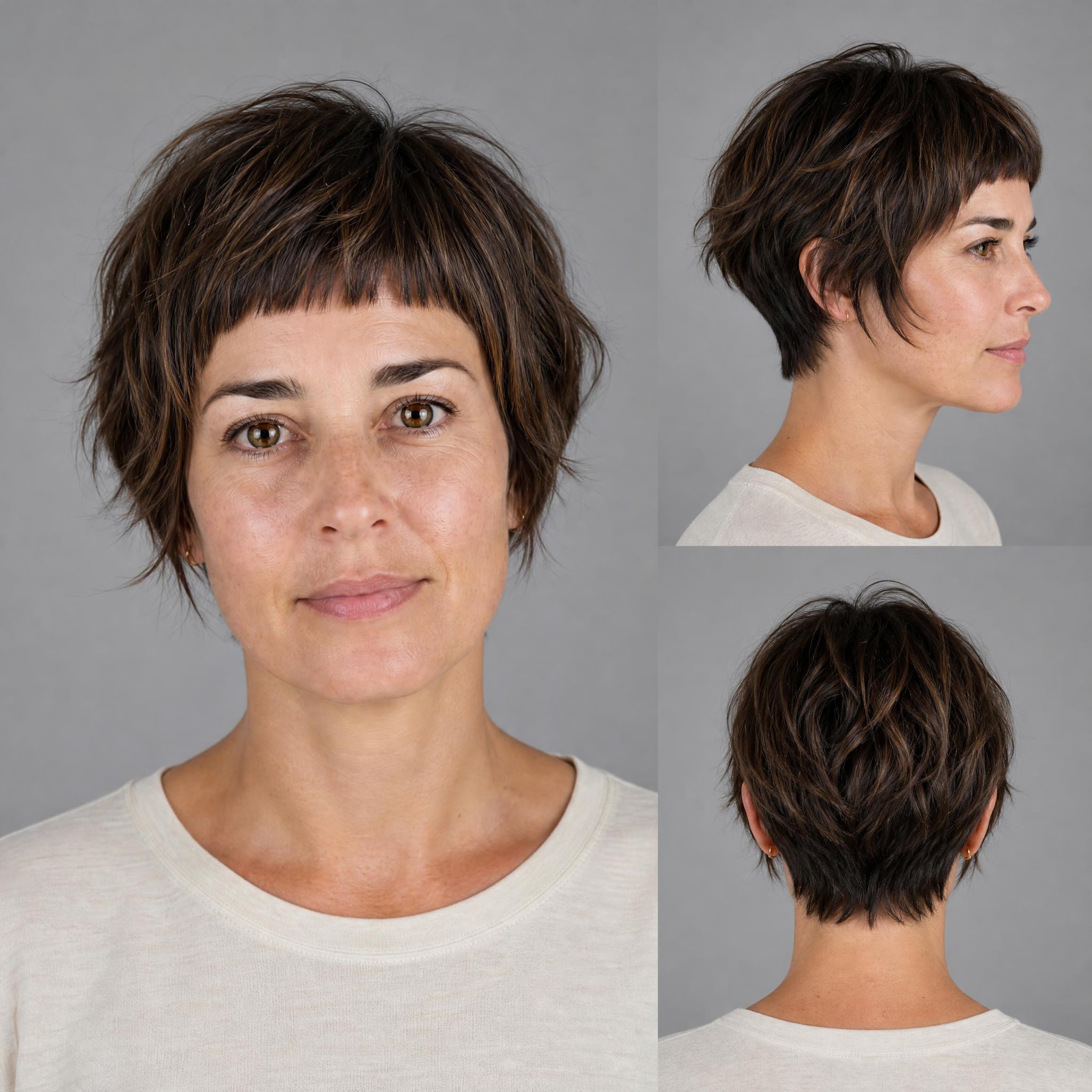 Corte bixie con flequillo corto tipo baby bangs por encima de las cejas