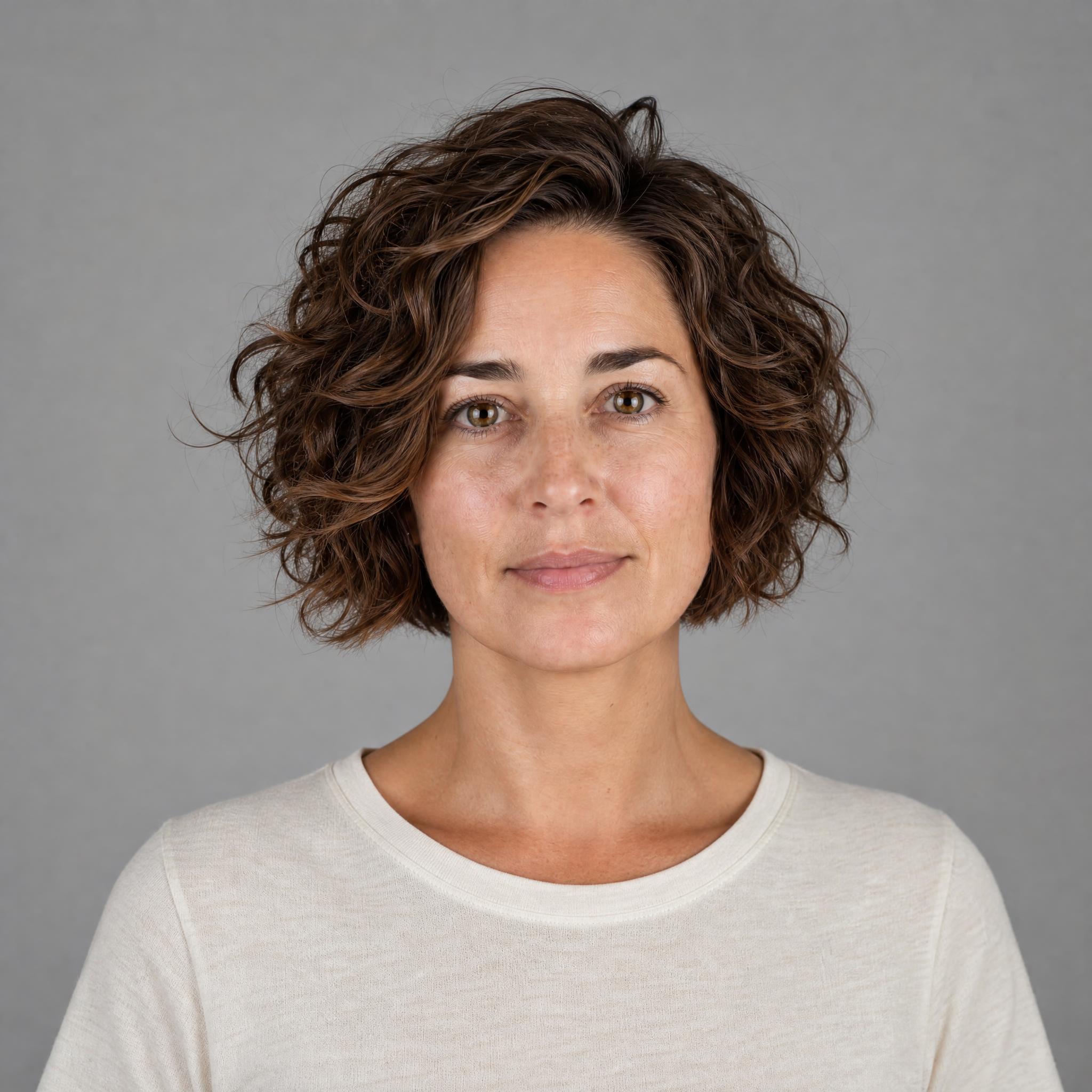 Corte bixie sobre cabello rizado, con rizos definidos y volumen concentrado en la parte superior