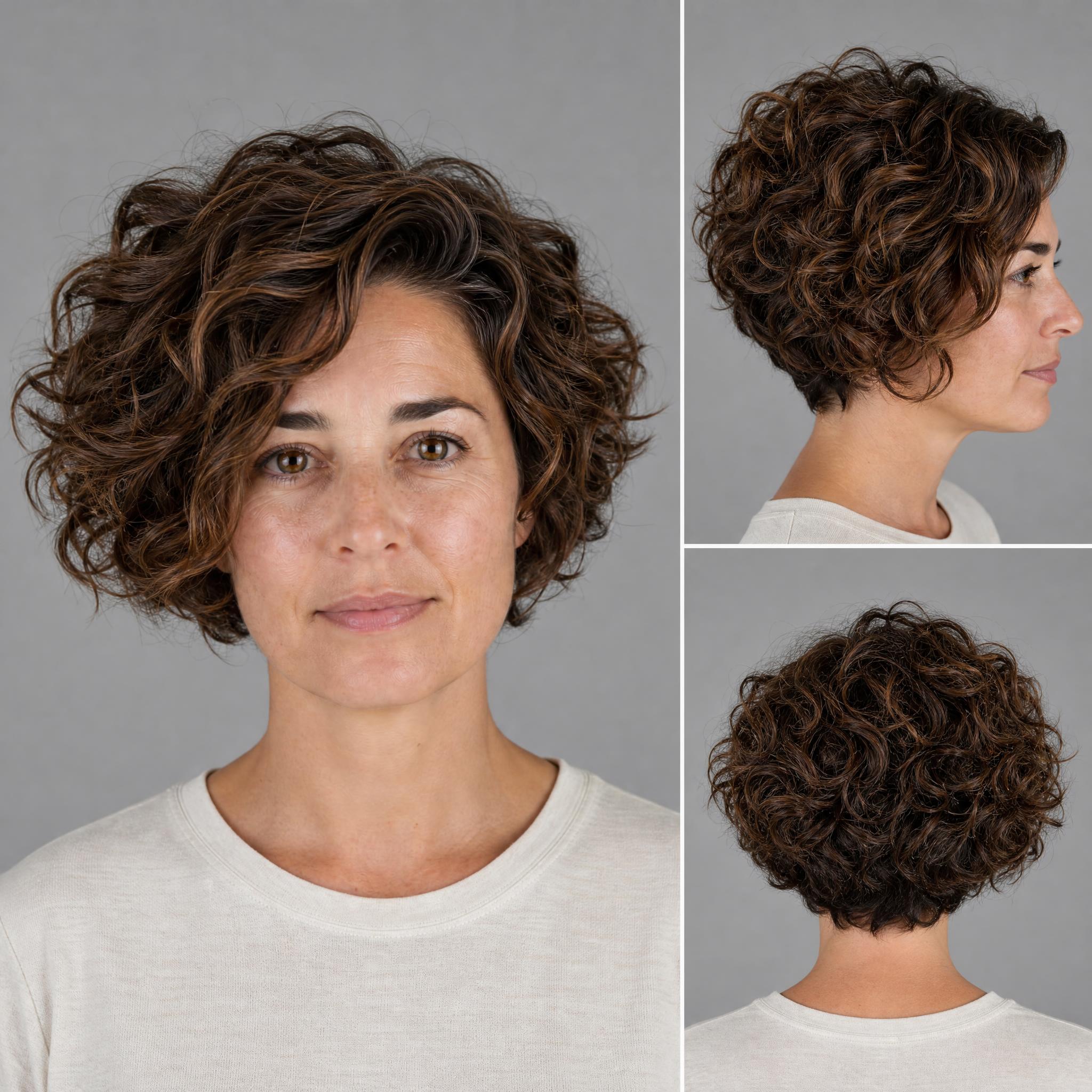 Corte bixie rizado con mucho volumen lateral sobre cabello grueso y ondas marcadas