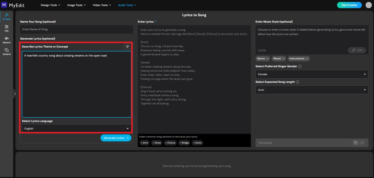 Create lyrics with AI song generator