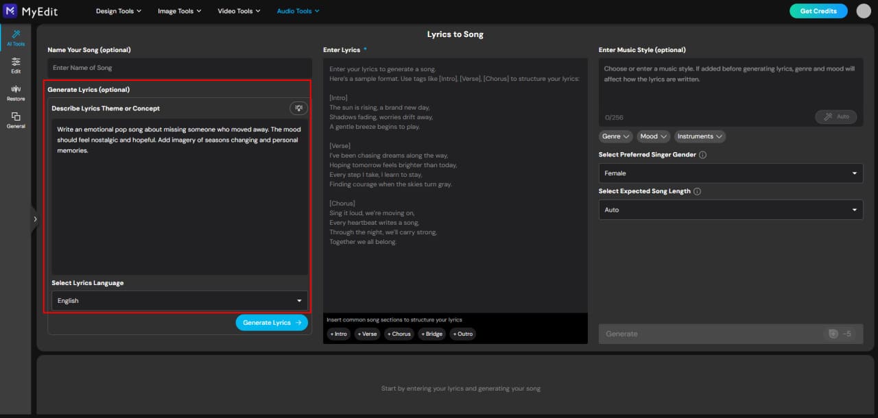 Create lyrics with an AI lyrics generator