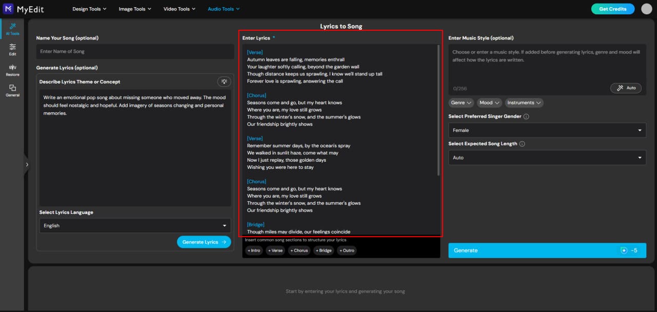 Generate song lyrics with an AI lyrics generator