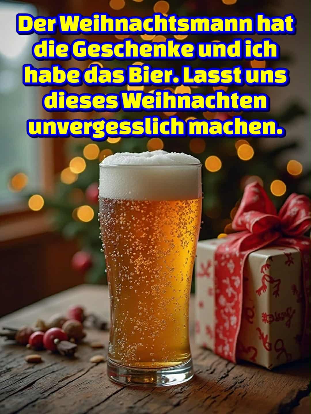 Frohe Weihnachten Bild mit Gruß: 'Der Weihnachtsmann hat die Geschenke und ich habe das Bier. Lasst uns dieses Weihnachten unvergesslich machen.'
