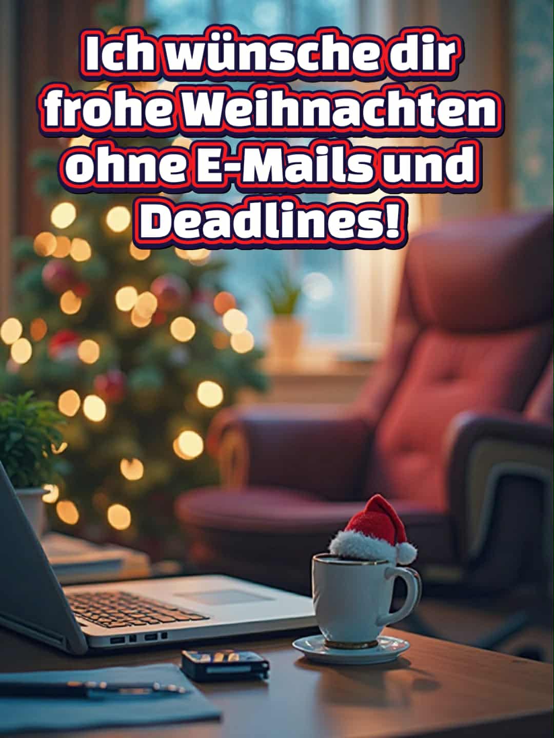 Frohe Weihnachten Bild mit Gruß: 'Ich wünsche dir frohe Weihnachten ohne E-Mails und Deadlines!'